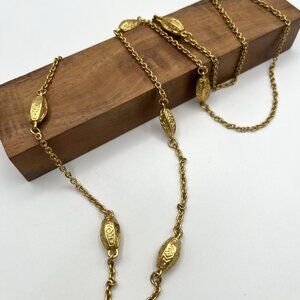 Vintage Gold Tone Chain Necklace w/ Embossed Oval Beads Retro Costume Boho MCM